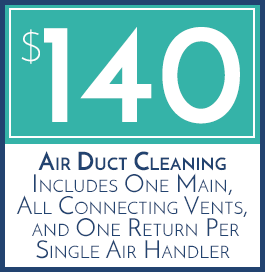 $140.00 Air Duct Cleaning, Includes One Main, All Connecting Vents, and One Return Per Single Air Handler